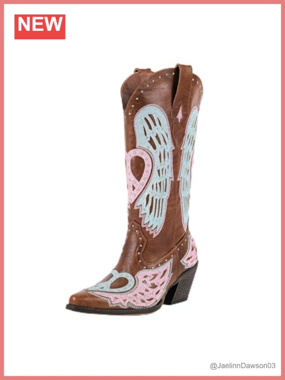 Western Cowgirl Boots Embroidery Angel Wing Mid Calf Chunky Heel PU Leather